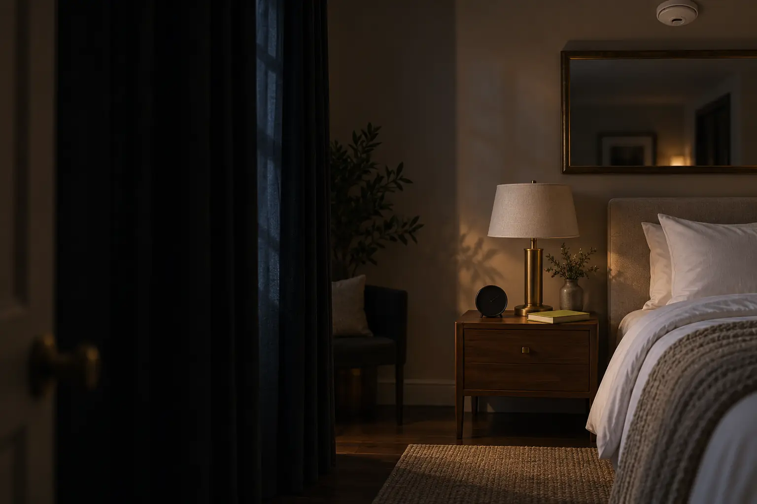 A dark hotel bedroom with a bedside clock, brass lamp, mirror and a smoke detector on the ceiling