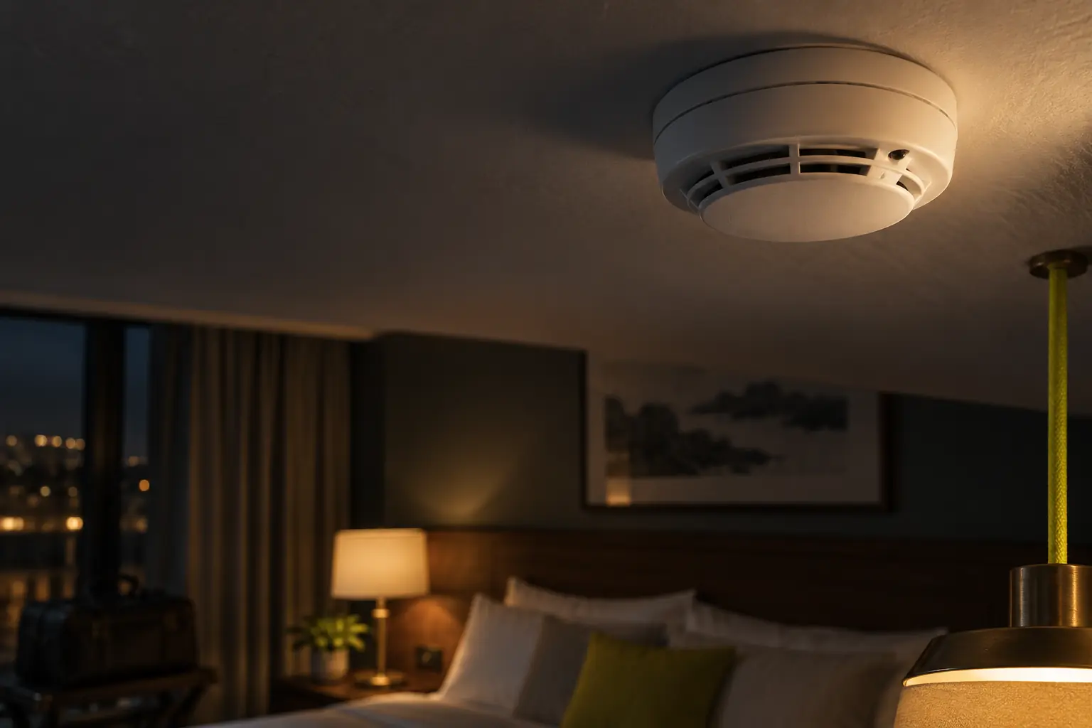 A low-angle close-up of a white ceiling smoke detector in a dim hotel room, lit from the side to show its vents and a small dark opening