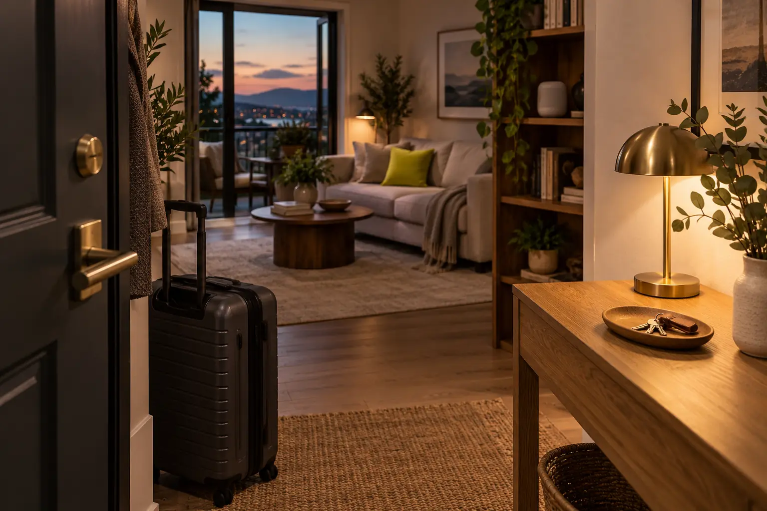 The entryway of a vacation rental at dusk with a suitcase by the open door, keys on a console table and a lit living room beyond