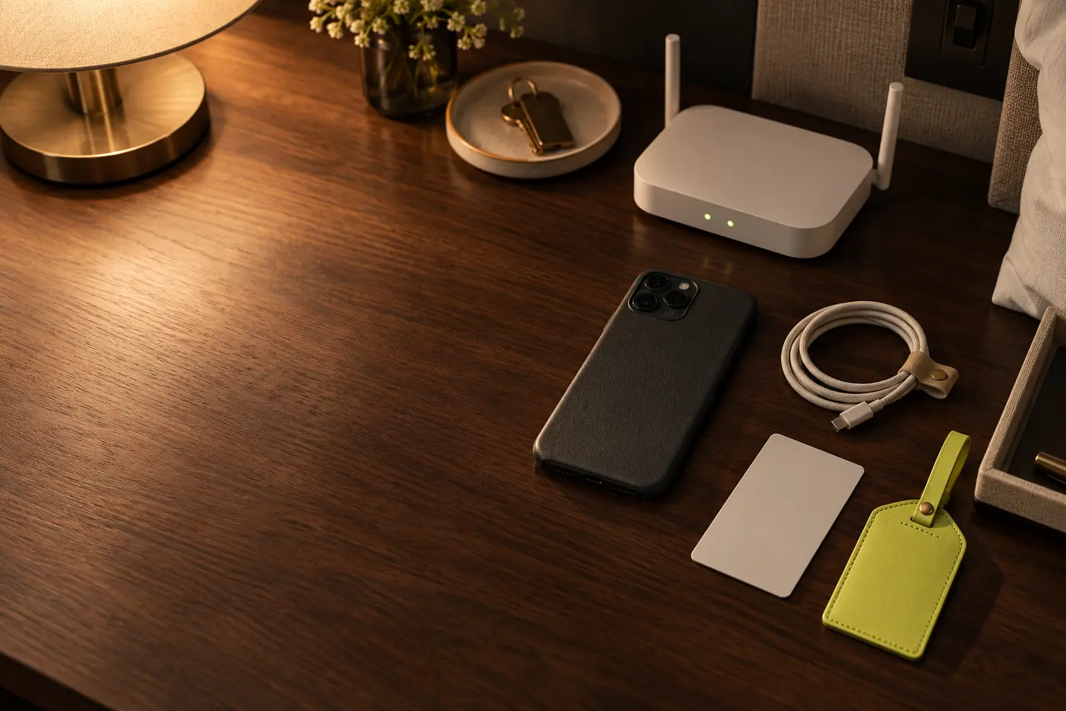 A face-down smartphone on a walnut hotel desk beside a white Wi-Fi router, a blank key card, a charging cable and a citron luggage tag