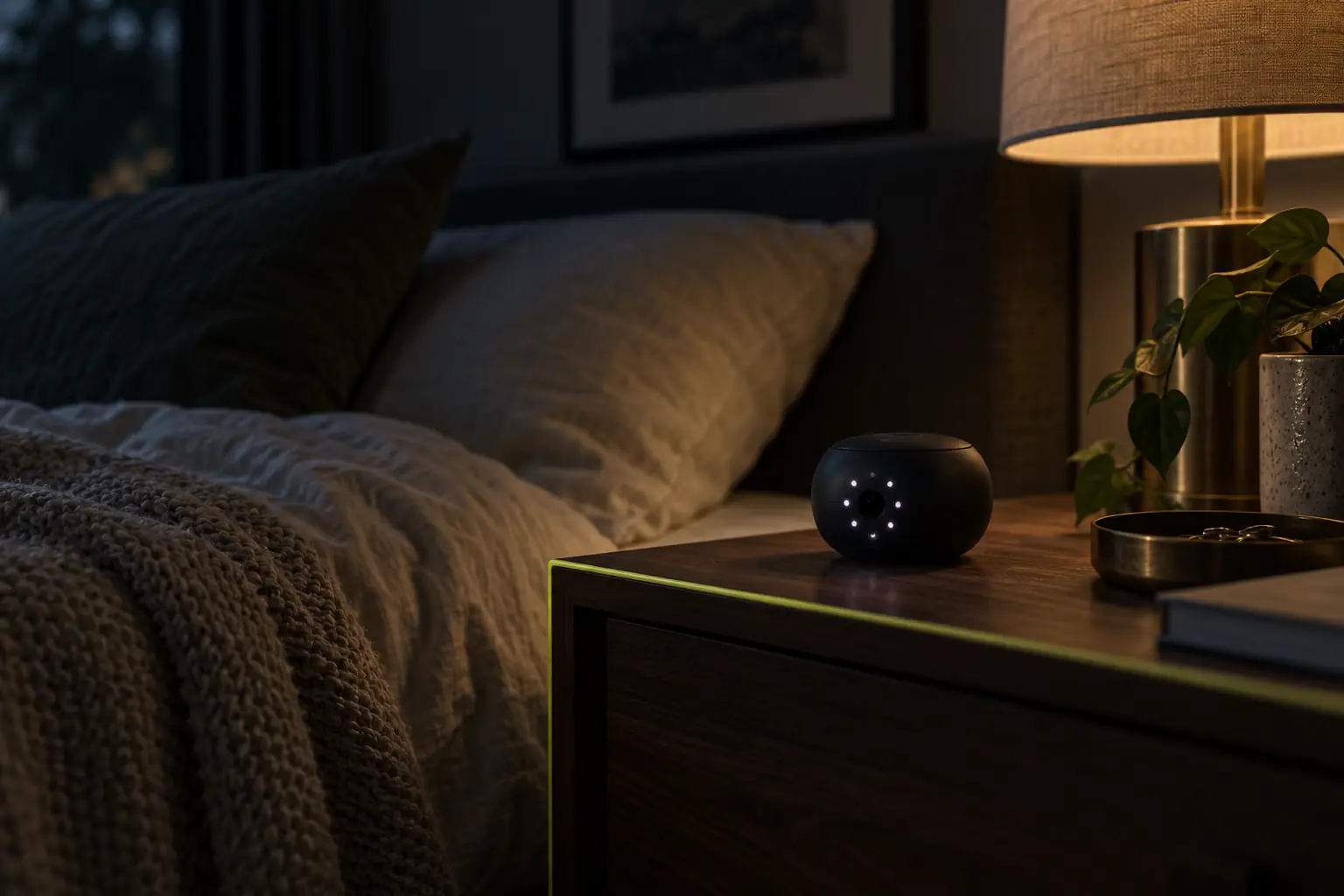 A dark bedside table where a small black device shows a faint ring of violet-white infrared dots, as a phone camera would see it