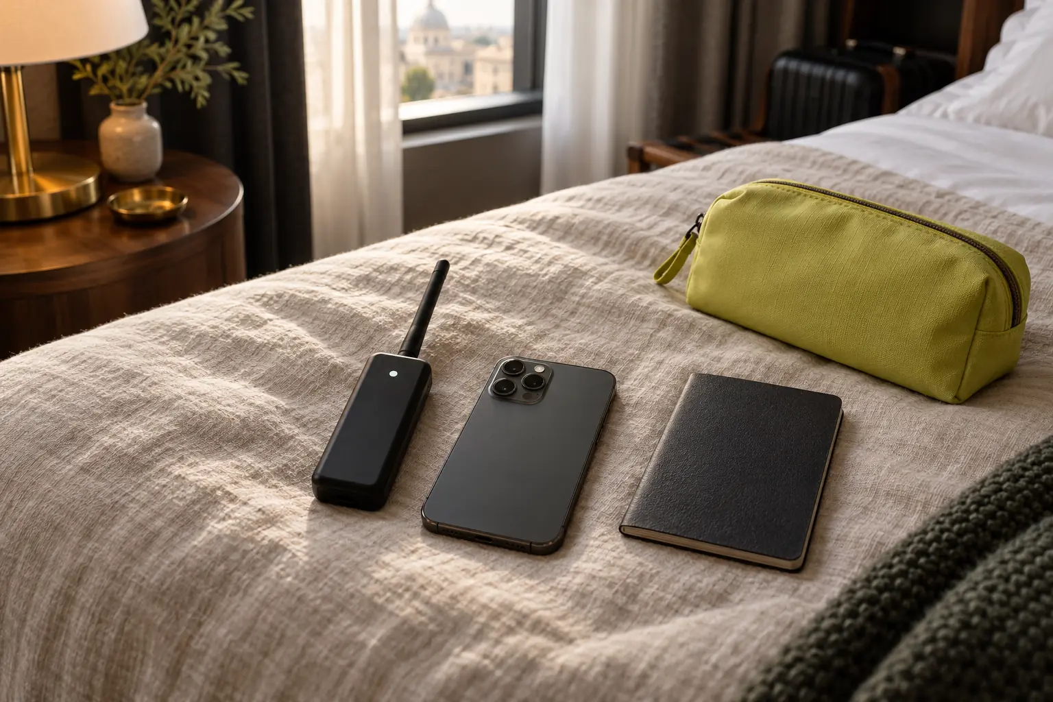 A handheld RF detector with a short antenna lies on a linen hotel bedspread beside a face-down phone, a black notebook and a citron travel pouch