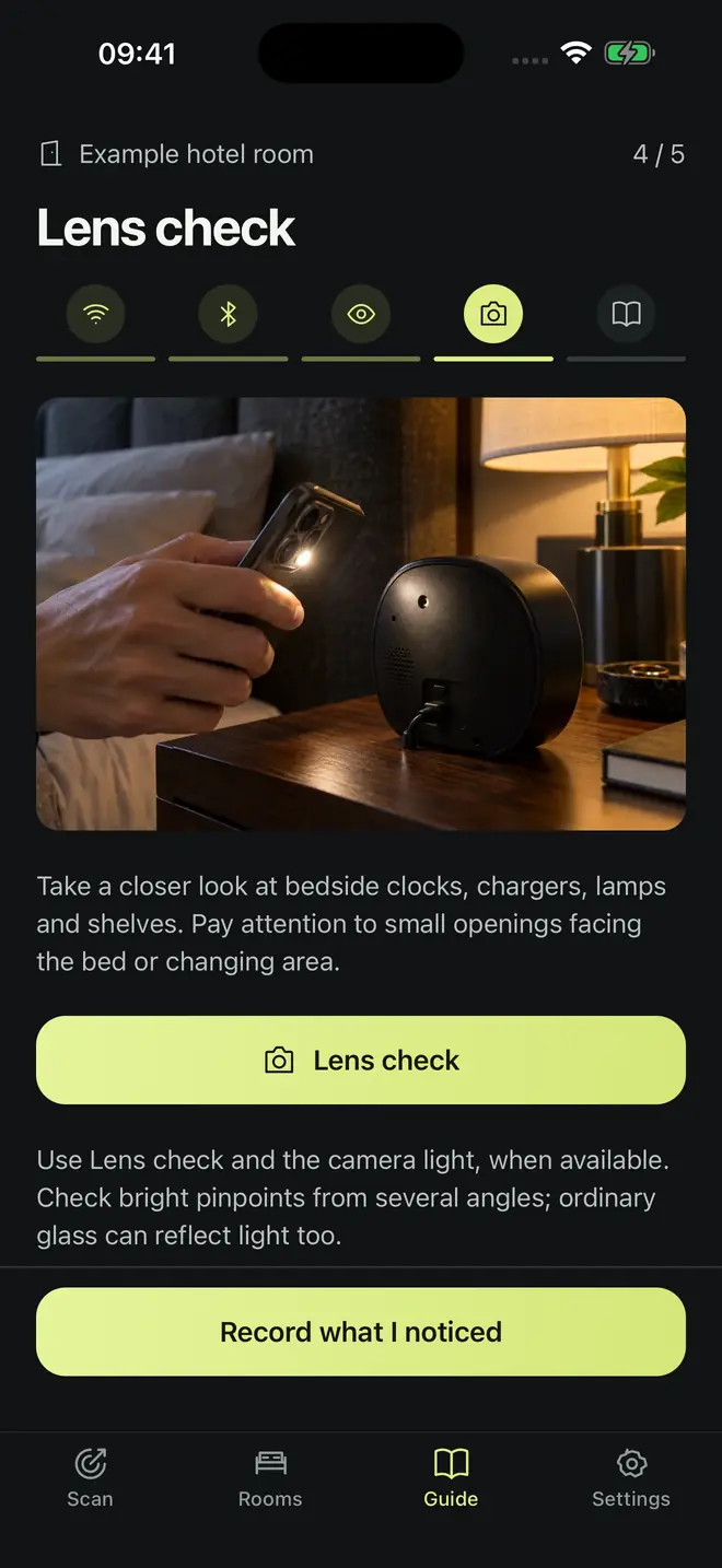 Room Privacy room checklist on stage 4 of 5, Lens check, with tips for bedside clocks, chargers, lamps and shelves