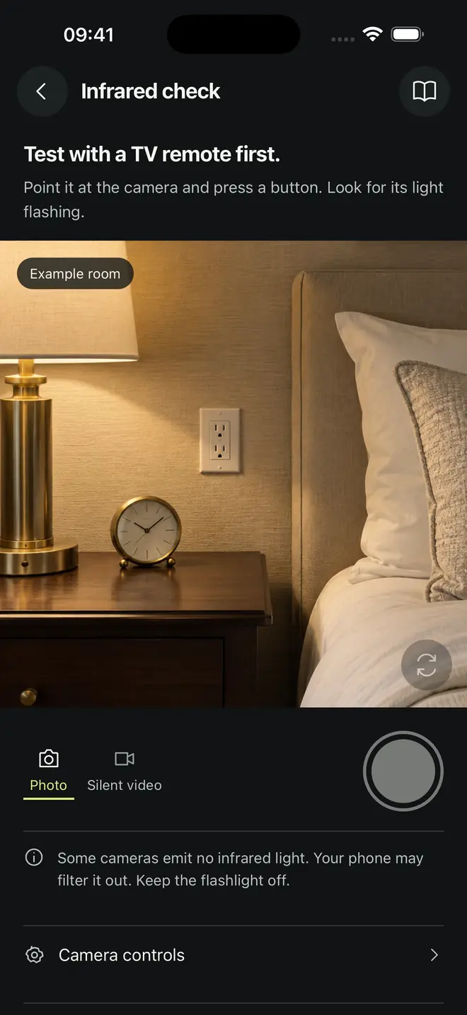 Room Privacy Infrared check on a dark bedside clock, prompting you to test with a TV remote first