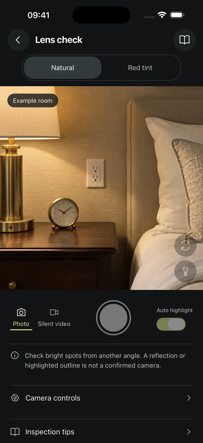 Room Privacy Lens check pointed at a bedside clock and lamp, with Natural and Red tint views and an auto highlight switch