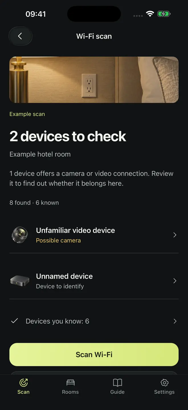 Room Privacy Wi-Fi scan of an example hotel room: 2 devices to check, including an unfamiliar video device marked as a possible camera