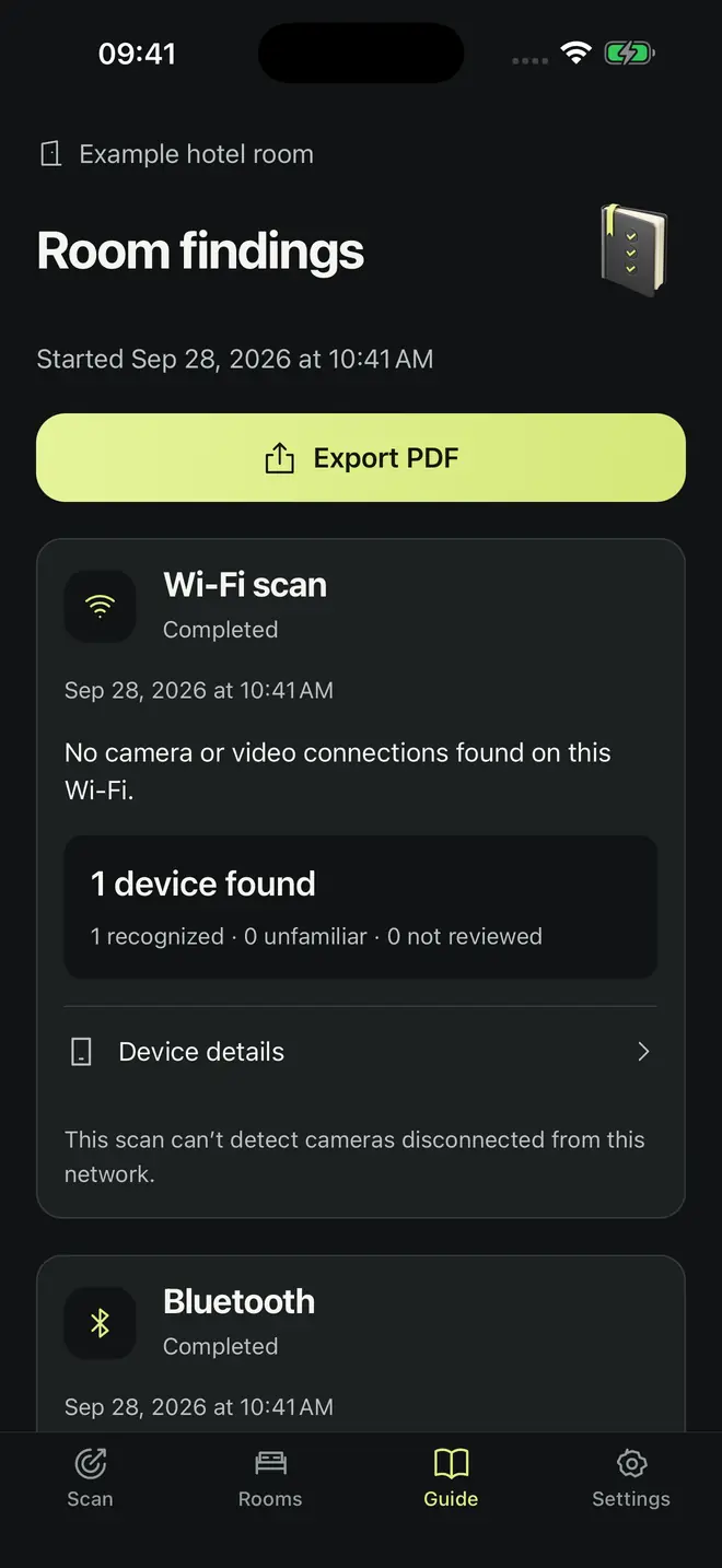 Room Privacy Room findings for an example hotel room, with an Export PDF button and a completed Wi-Fi scan