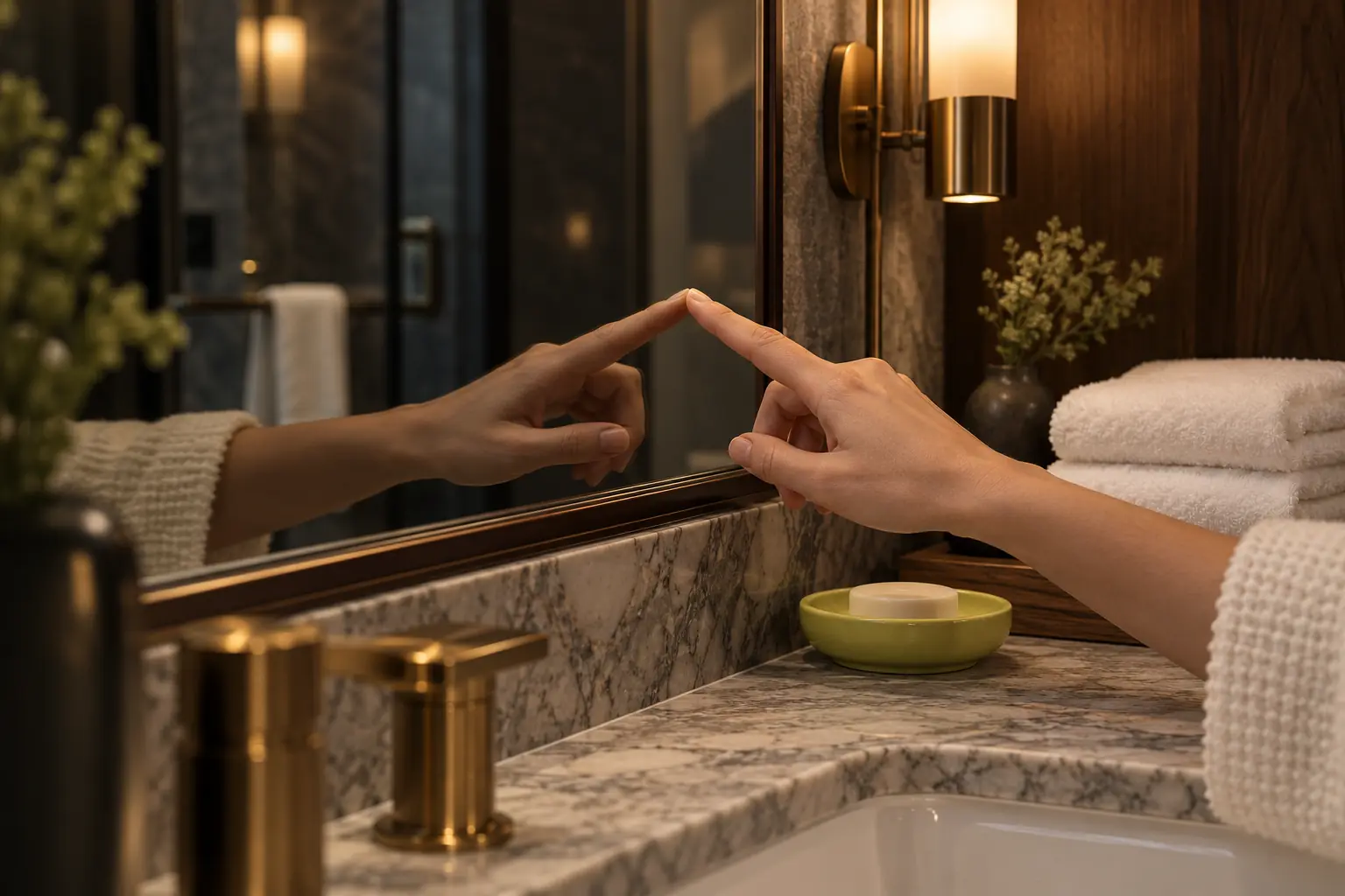 A fingertip touches a hotel bathroom mirror and meets its reflection, beside a brass sconce, folded towels and a green soap dish
